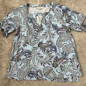 LOFT Light Blue Paisley Tie-Sleeve Top with Navy & Burgundy Accents